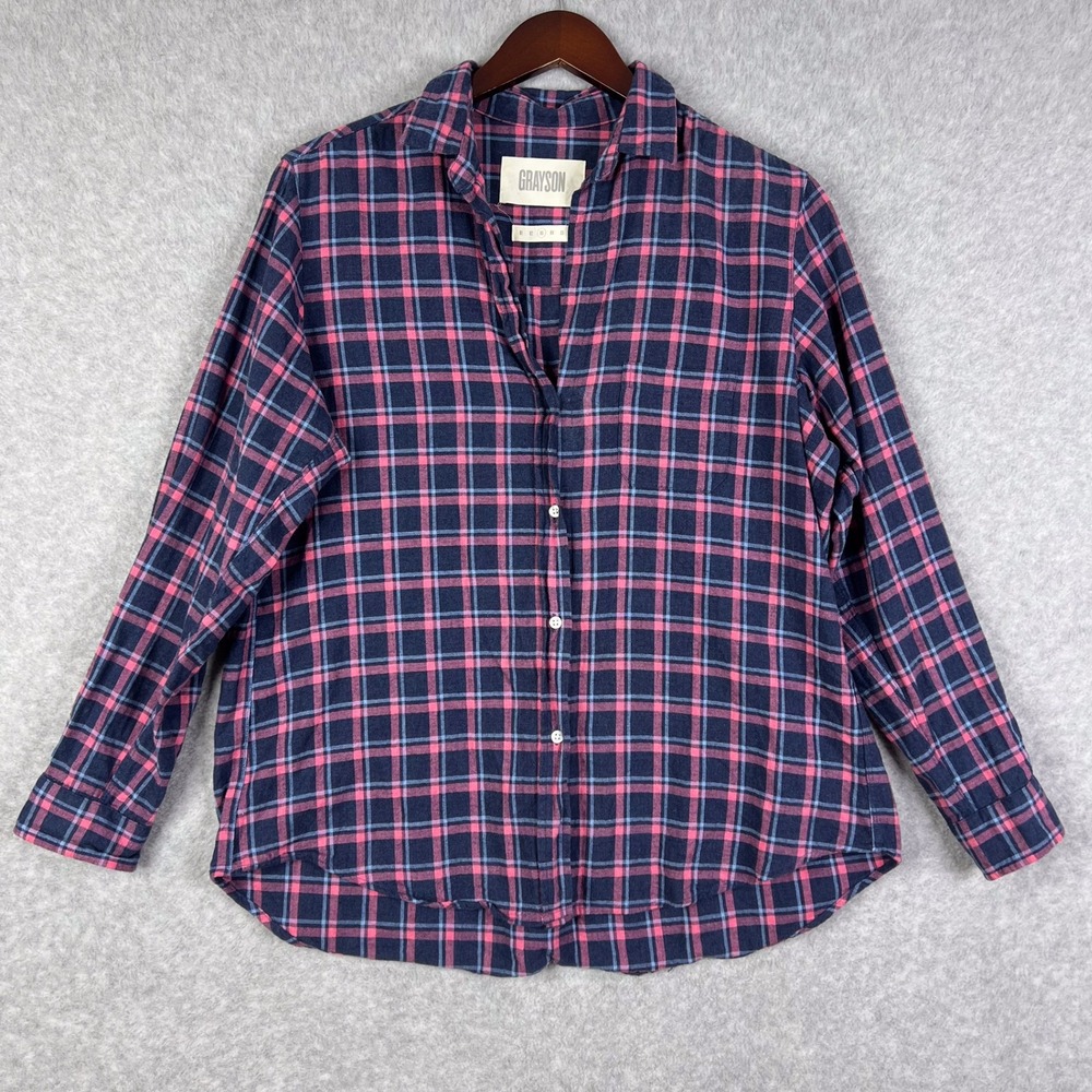 Grayson The Hero Navy Pink Plaid Long Sleeve Button Up Shirt Cotton Sz 03 Medium